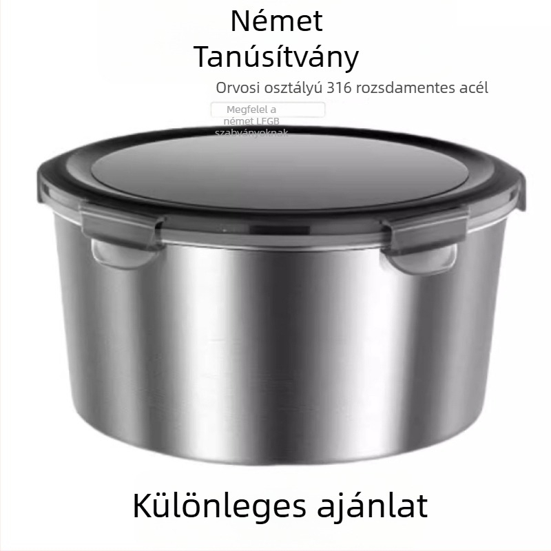 316-os élelmiszer-minőségű rozsdamentes acél ebédes doboz fedéllel, szigetelt, mikrózható, kerek formájú