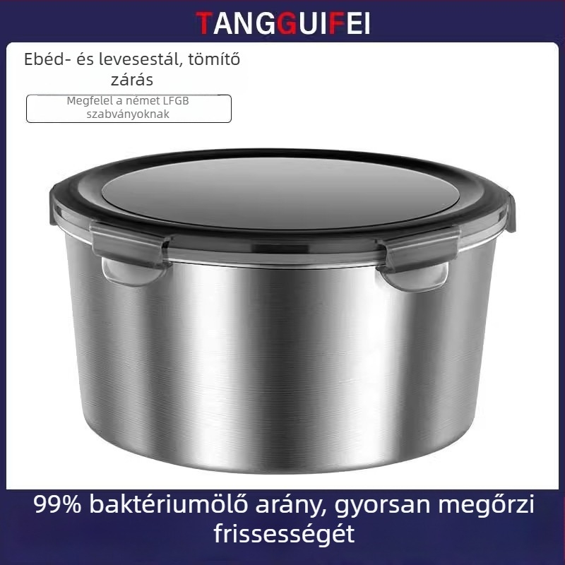 316-os élelmiszer-minőségű rozsdamentes acél ebédes doboz fedéllel, szigetelt, mikrózható, kerek formájú