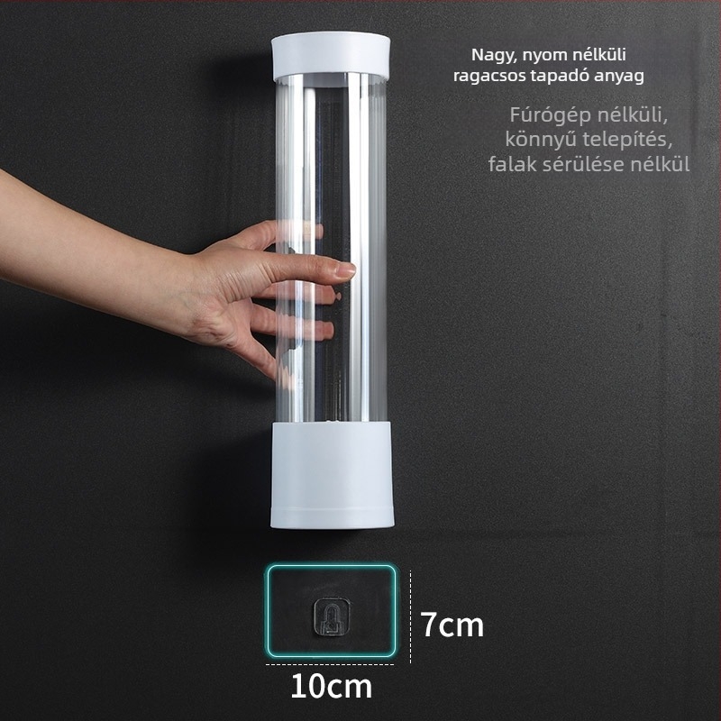 Fali tartó adagoló egyszer használatos poharakhoz, automata papír pohár tartó, műanyag test, 200 g, fúrás nélküli, modern minimalist stílus