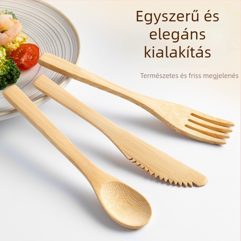 Bambuszkés, villa és kanál – háromrészes készlet, bambusz anyag, modern letisztult stílus, testreszabható, első osztályú minőség