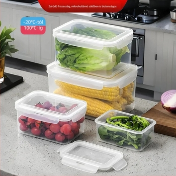 Élelmiszer-minőségű PP négyszögletes ételtároló, 800–1000 ml, mikrohullámú sütőben használható, zárható fedél, háztartási célokra