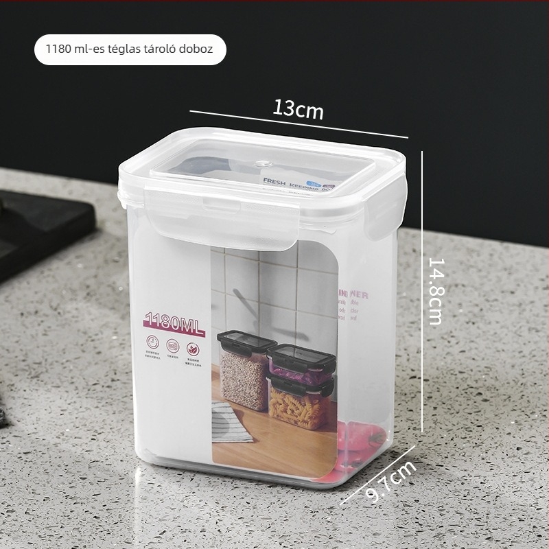 Élelmiszer-minőségű PP négyszögletes ételtároló, 800–1000 ml, mikrohullámú sütőben használható, zárható fedél, háztartási célokra