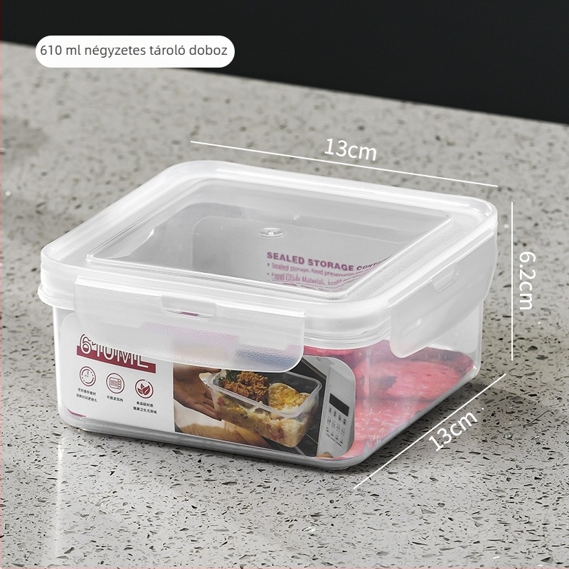 Élelmiszer-minőségű PP négyszögletes ételtároló, 800–1000 ml, mikrohullámú sütőben használható, zárható fedél, háztartási célokra