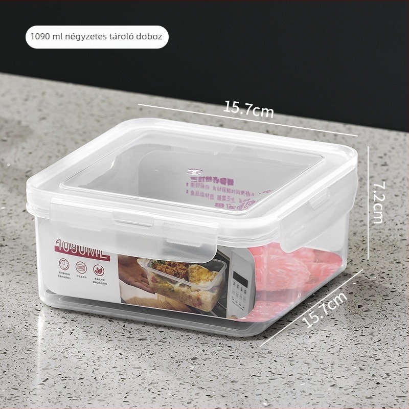 Élelmiszer-minőségű PP négyszögletes ételtároló, 800–1000 ml, mikrohullámú sütőben használható, zárható fedél, háztartási célokra