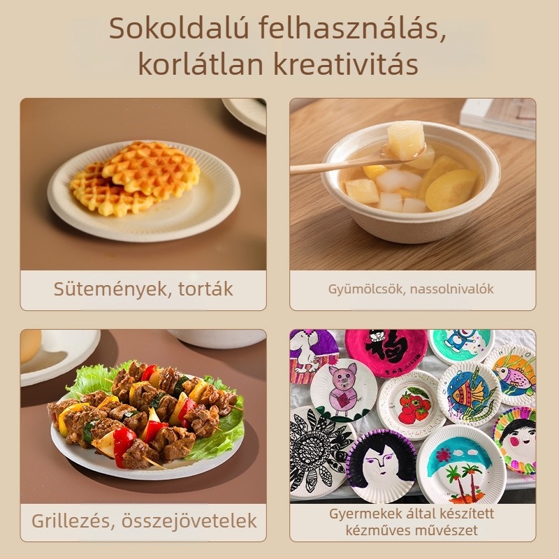 Papírból készült egyszer használatos edények: tálak, tányérok és tálcák – kör alakú – biológiailag lebomló – Camellia