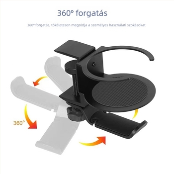 Vasból készült sokoldalú pohártartó 360°-os forgó fejhallgató tartóval, lyukmentes rögzítés, asztal éléhez szerelhető, súly 0,35 kg
