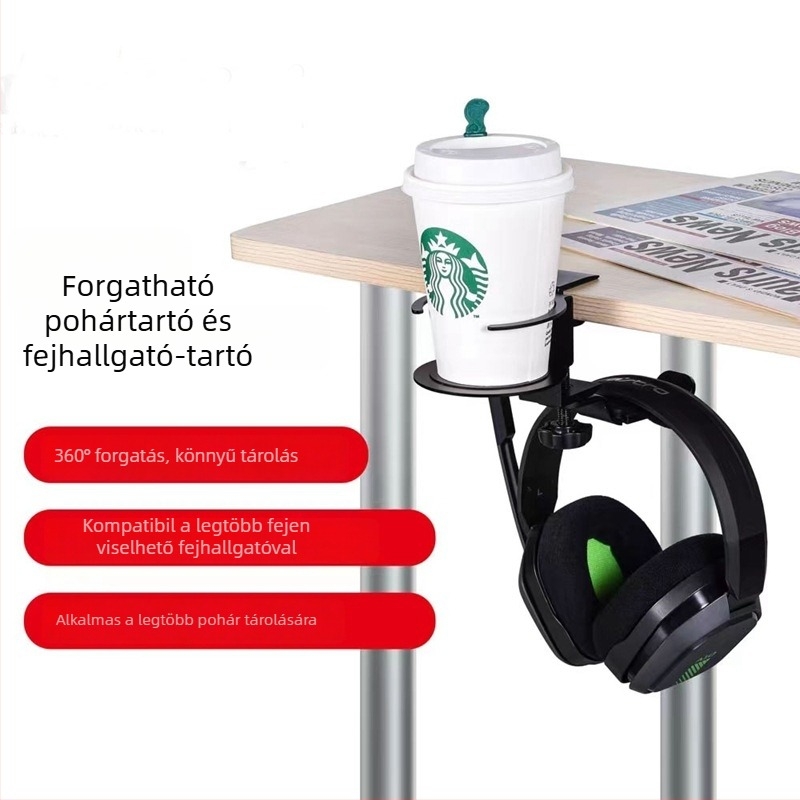 Vasból készült sokoldalú pohártartó 360°-os forgó fejhallgató tartóval, lyukmentes rögzítés, asztal éléhez szerelhető, súly 0,35 kg