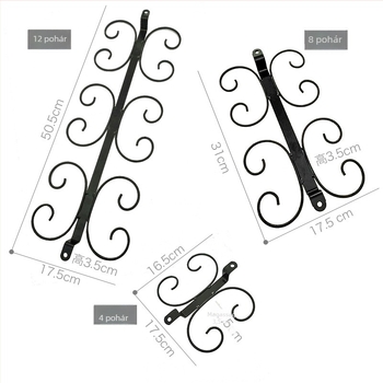Falra szerelhető boros pohártartó kovácsoltvasból, modern minimalist design, elérhető 4/8/12 pohár variánsok