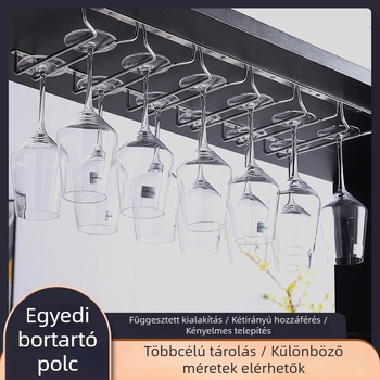 304 rozsdamentes acél boros pohár tartó, falra szerelhető, fordított lógó kialakítás, fúrás nélkül, igény szerint testreszabható
