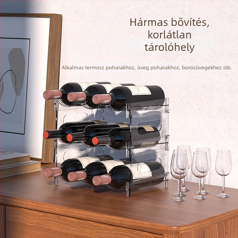 Áttetsző, 4-szintes asztali pohár- és tárolóállvány, összecsukható, rakható, levehető bor tartóval