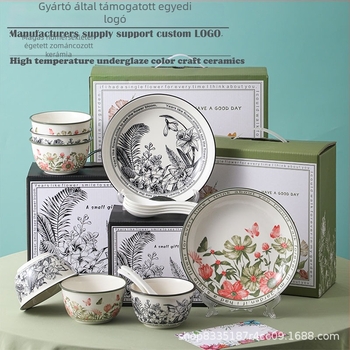 Porcelán étkészlet, 13 részes, európai stílusú ajándékdobozzal, pasztorális retró dizájn, mikrohullámú sütőbe is alkalmas