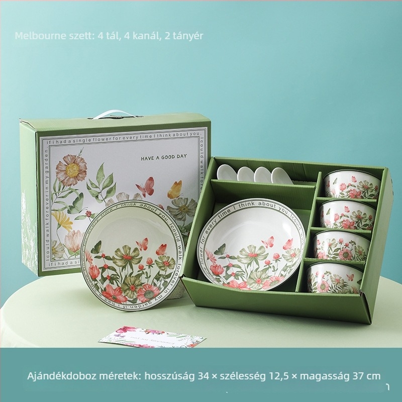 Porcelán étkészlet, 13 részes, európai stílusú ajándékdobozzal, pasztorális retró dizájn, mikrohullámú sütőbe is alkalmas