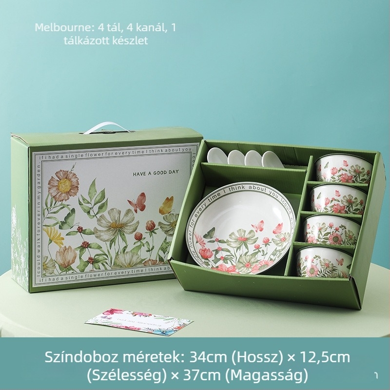 Porcelán étkészlet, 13 részes, európai stílusú ajándékdobozzal, pasztorális retró dizájn, mikrohullámú sütőbe is alkalmas