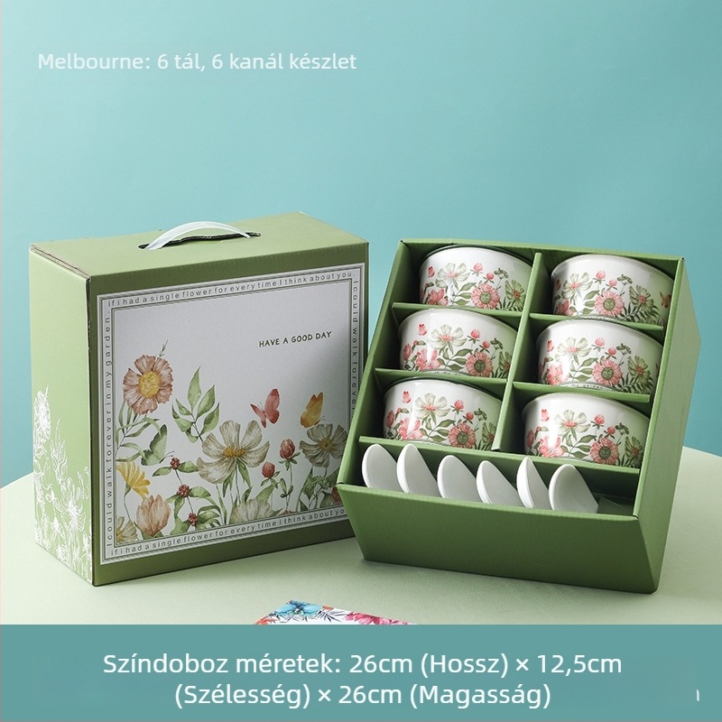 Porcelán étkészlet, 13 részes, európai stílusú ajándékdobozzal, pasztorális retró dizájn, mikrohullámú sütőbe is alkalmas