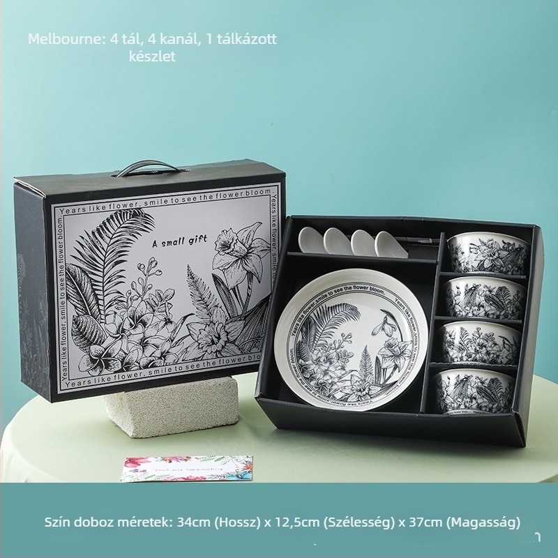 Porcelán étkészlet, 13 részes, európai stílusú ajándékdobozzal, pasztorális retró dizájn, mikrohullámú sütőbe is alkalmas