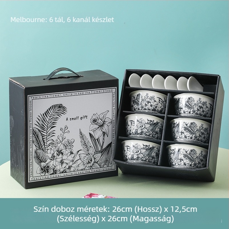 Porcelán étkészlet, 13 részes, európai stílusú ajándékdobozzal, pasztorális retró dizájn, mikrohullámú sütőbe is alkalmas