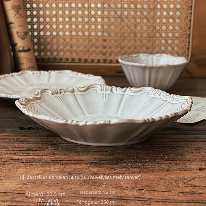 Porcelán tál neoklasszikus relieffel, egyszínű, retró stílus, mikrohullámú sütőben használható