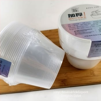 Egyszer használatos kör alakú műanyag ebéddoboz fedővel, 1000 ml, átlátszó, vastított kivitel