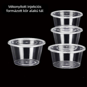 Egyszer használatos kör alakú tál, injektálással gyártott, átlátszó, mikrohullámú sütőben használható, logóval nyomtatott, testre szabható