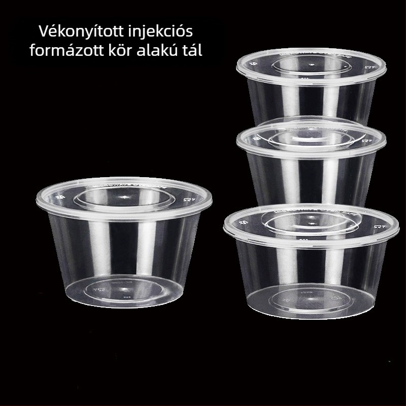 Egyszer használatos kör alakú tál, injektálással gyártott, átlátszó, mikrohullámú sütőben használható, logóval nyomtatott, testre szabható