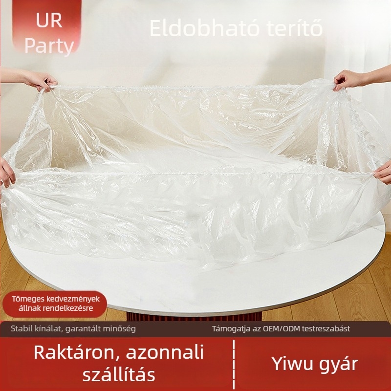 Egyszer használatos, átlátszó olajálló asztalterítő, kör alakú, zsinóros zárással, háztartási használatra, vastagított