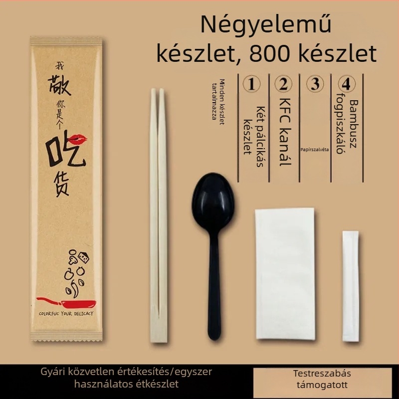 Egyszer használatos négy az egyben evőeszköz bambuszból, kraft papír csomagolásban; 100 csomag; logónyomtatás és testreszabás elérhető; mikrohullámú sütőben nem használható.