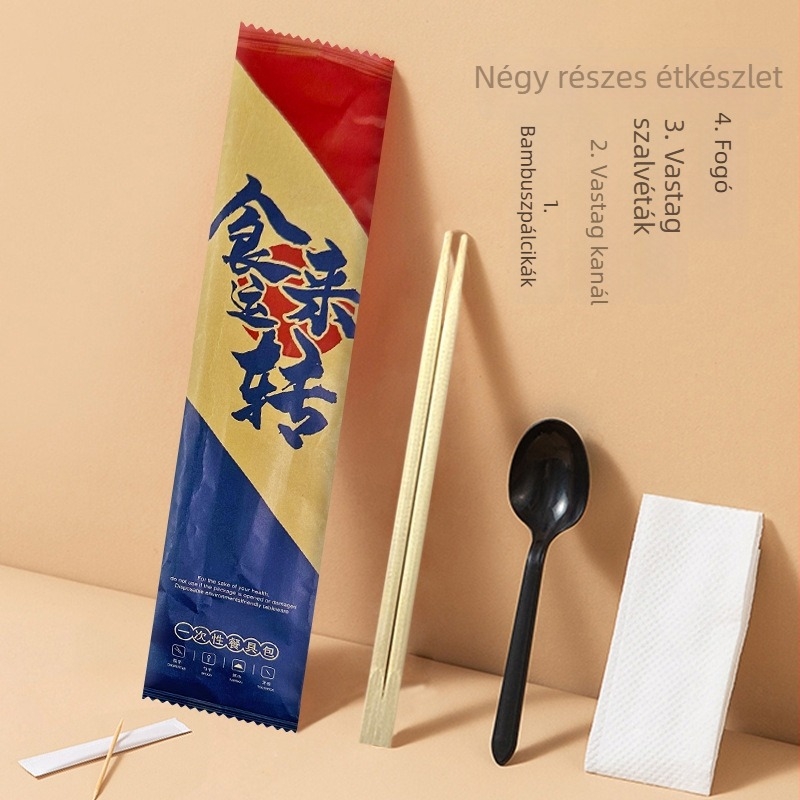 Egyszer használatos négy az egyben evőeszköz bambuszból, kraft papír csomagolásban; 100 csomag; logónyomtatás és testreszabás elérhető; mikrohullámú sütőben nem használható.