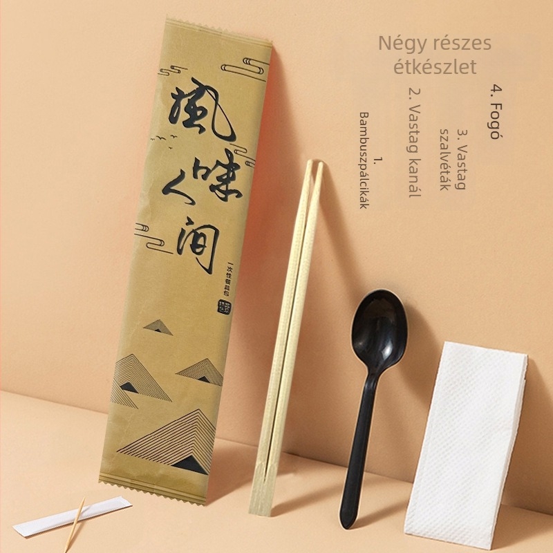 Egyszer használatos négy az egyben evőeszköz bambuszból, kraft papír csomagolásban; 100 csomag; logónyomtatás és testreszabás elérhető; mikrohullámú sütőben nem használható.