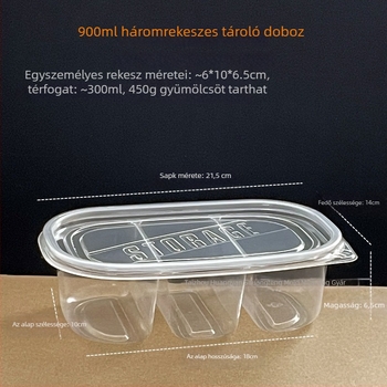 Egyszer használatos gyümölcsdoboz három rekesszel, 900 ml kapacitás, műanyag, mikrohullámú sütőbe tehető, élelmiszer-biztonságos, gyártási engedély Zhexk16-204-02016