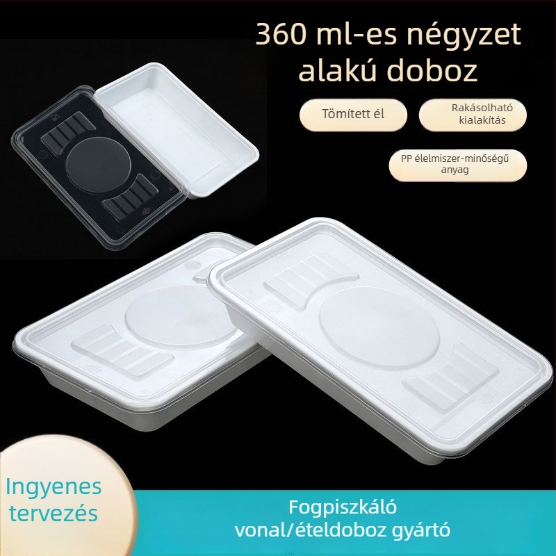 Egyszer használatos téglalap alakú PP ételkiszállító doboz, négyzet alakú, kis adagokhoz, vastagított gyorséttermi ebédes doboz