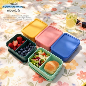 Két részes szilikon ebédes doboz fedővel, élelmiszer-minőségű szilikon, mikrohullámú sütőben használható, 501-800 ml kapacitás, logó nyomtatás elérhető