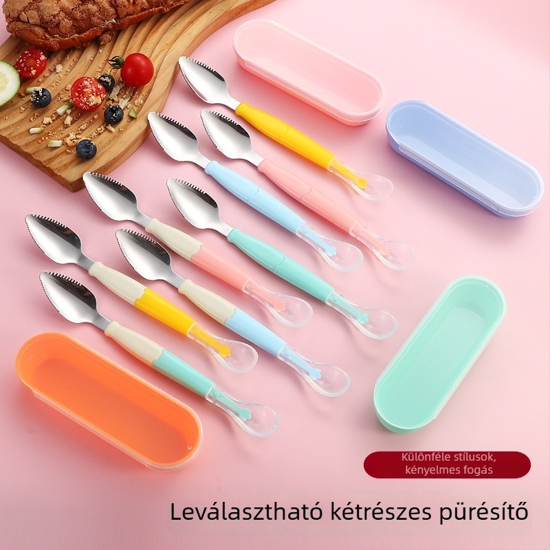 Cross Craftsman Kétfejű rozsdamentes acél bébi etetőkanál gyümölcsökhöz, levehető, rajzfilm-stílus