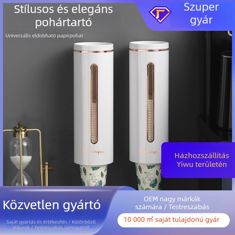 Falra szerelhető egyszer használatos pohár-dispenser, fúrás nélkül, műanyag pohár tartó, konyhai tároló