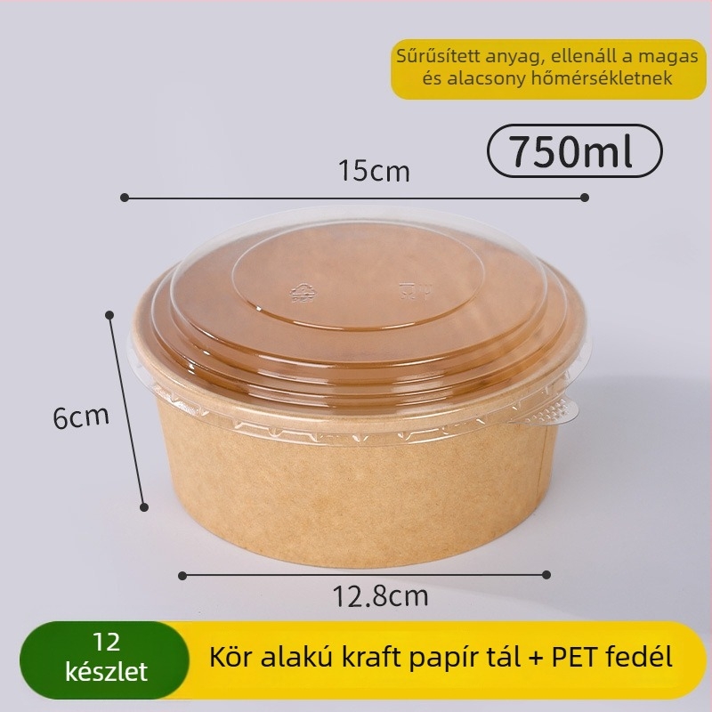 Egyszer használatos kraft papírtál, kör alakú fedővel – kapacitás 750 ml, standard vastagság, nem biológiailag lebomló