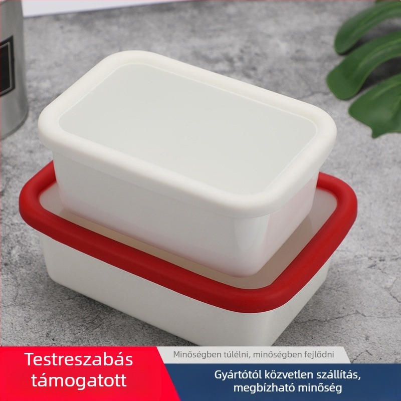 Téglalap alakú zománcos tárolóedény fedővel, szivárgásmentes zárás, 800–1000 ml kapacitás, hűtőszekrényhez