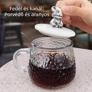Kalapált textúrájú üveg kávés bögre, fogantyúval és fedővel — kör alakú, modern minimalist stílus
