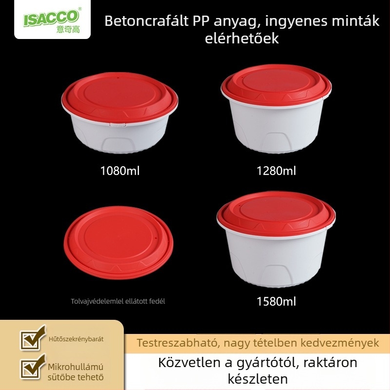 Isacco egyszer használatos műanyag ebédes doboz, kör alakú fedővel, élelmiszer-biztonságos, mikrohullámú sütőben használható, lopás elleni csat, 1080/1280/1580 ml