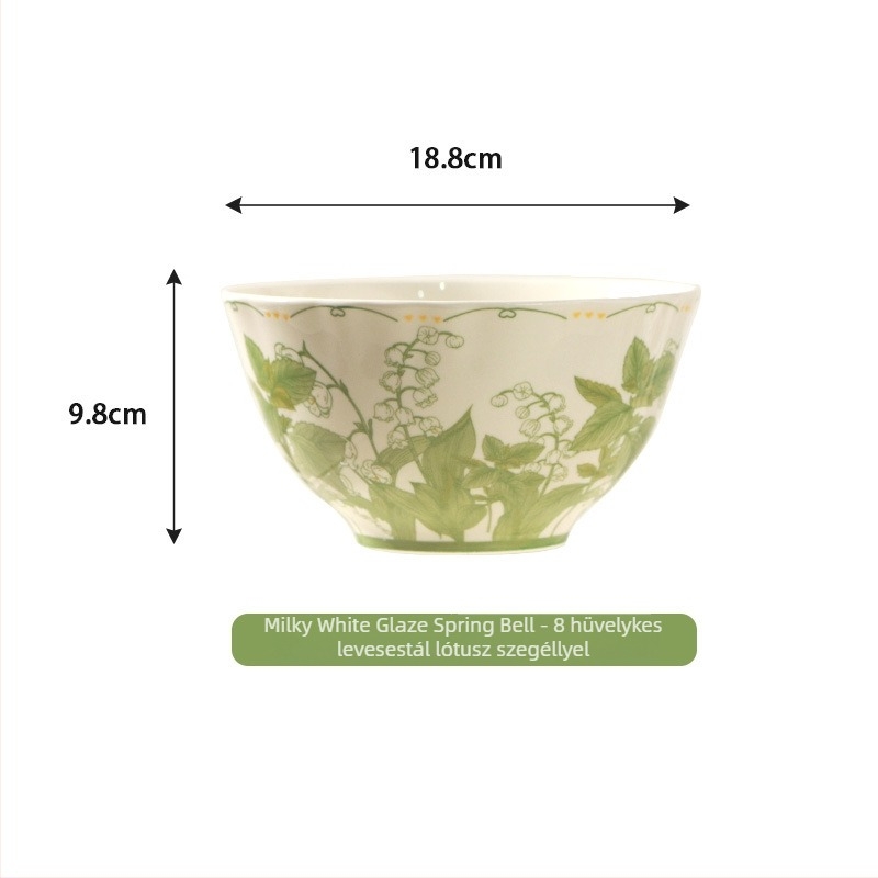 Porcelán étkészlet Lily of the Valley virágmintás, mély tányérok és tálak, modern minimál stílus, 20 cm átmérő, 2026-os prémium modell, halas tál és leveses tál