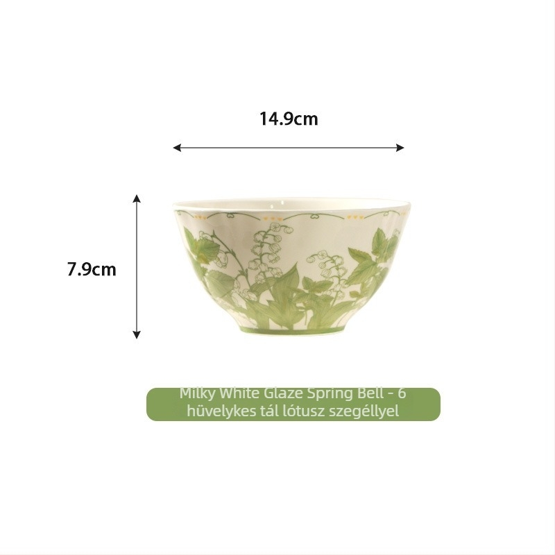Porcelán étkészlet Lily of the Valley virágmintás, mély tányérok és tálak, modern minimál stílus, 20 cm átmérő, 2026-os prémium modell, halas tál és leveses tál