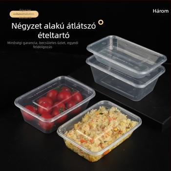 PP műanyag egyszer használatos ebédes doboz, vastagított, négyszögletes, átlátszó fedéllel, mikrohullámú sütőben használható, nyomtatott logó, testreszabható, nem biodegradálható
