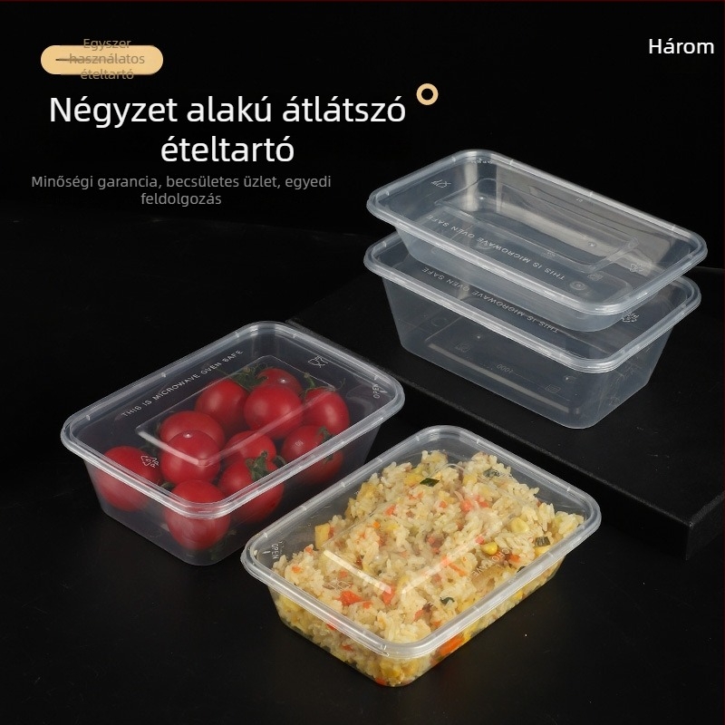 PP műanyag egyszer használatos ebédes doboz, vastagított, négyszögletes, átlátszó fedéllel, mikrohullámú sütőben használható, nyomtatott logó, testreszabható, nem biodegradálható
