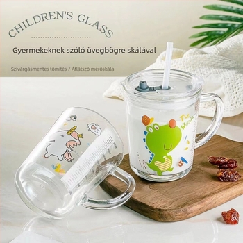 Gyerekeknek készült vastag üveg pohár tejhez, fedővel és szívószállal – kör alakú, rajzfilm mintával, szivárgásmentes