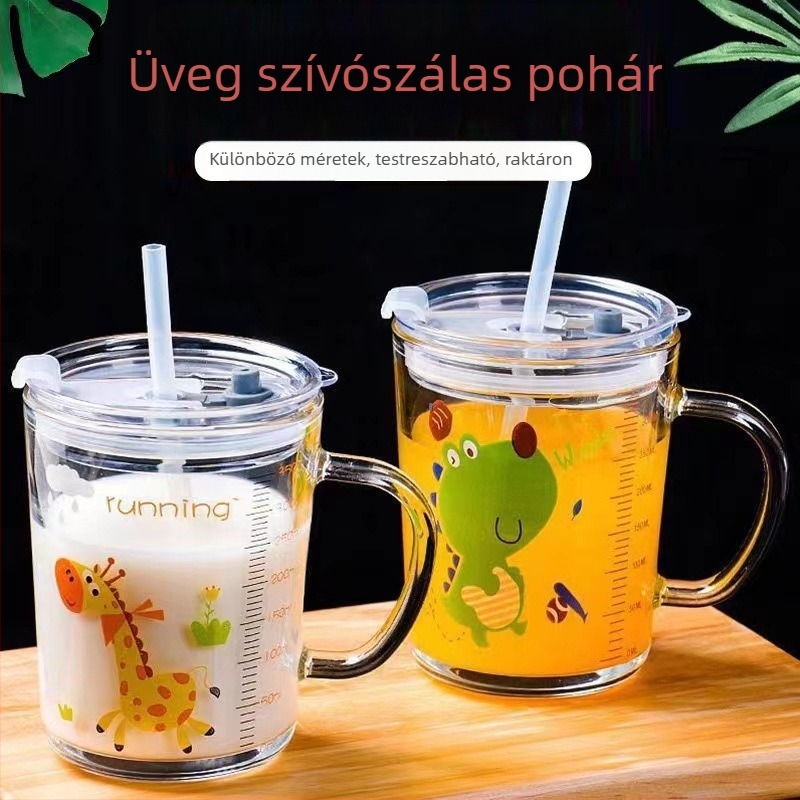 Gyerekeknek készült vastag üveg pohár tejhez, fedővel és szívószállal – kör alakú, rajzfilm mintával, szivárgásmentes