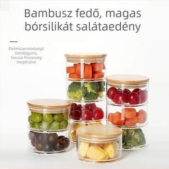 Saláta tál boroszilikát üvegből, fa fedővel – összerakható ebédes tároló gyümölcsökhöz és zöldségekhez, élelmiszer-minőségű