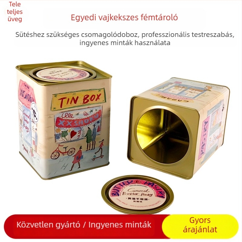 Személyre szabható négyszögletes fém doboz vajsütemények csomagolásához ragasztó nyomtatással