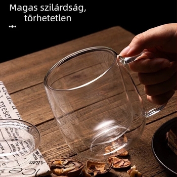 Kétrétegű hőálló üvegpohár fogantyúval, háromrészes készlet keverőkanállal