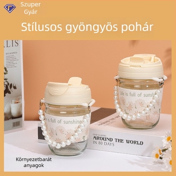 Üvegpohár vízhez szívószállal, hengeres forma, virágos mintázat, fedél, szivárgásbiztos
