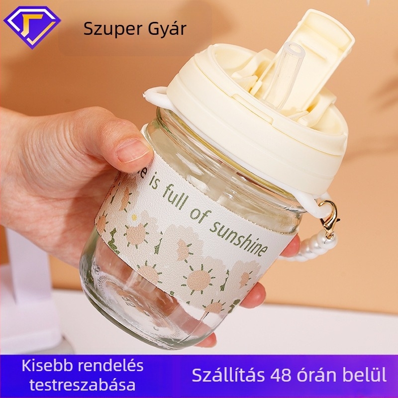 Üvegpohár vízhez szívószállal, hengeres forma, virágos mintázat, fedél, szivárgásbiztos