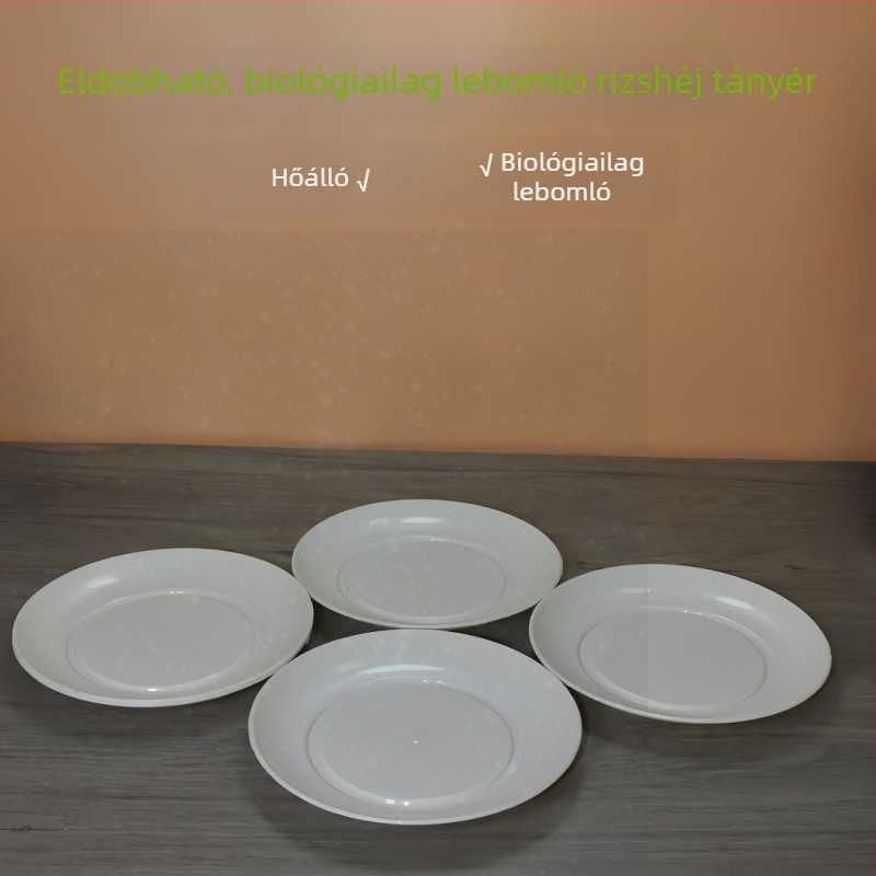 Biológiailag lebomló rizshéjból készült egyszer használatos étkészlet, vastagabb kivitel, hőálló, piknikhez, környezetbarát, esküvőkre és háztartási felhasználásra.