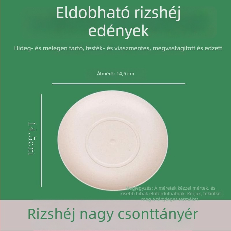 Biológiailag lebomló rizshéjból készült egyszer használatos étkészlet, vastagabb kivitel, hőálló, piknikhez, környezetbarát, esküvőkre és háztartási felhasználásra.
